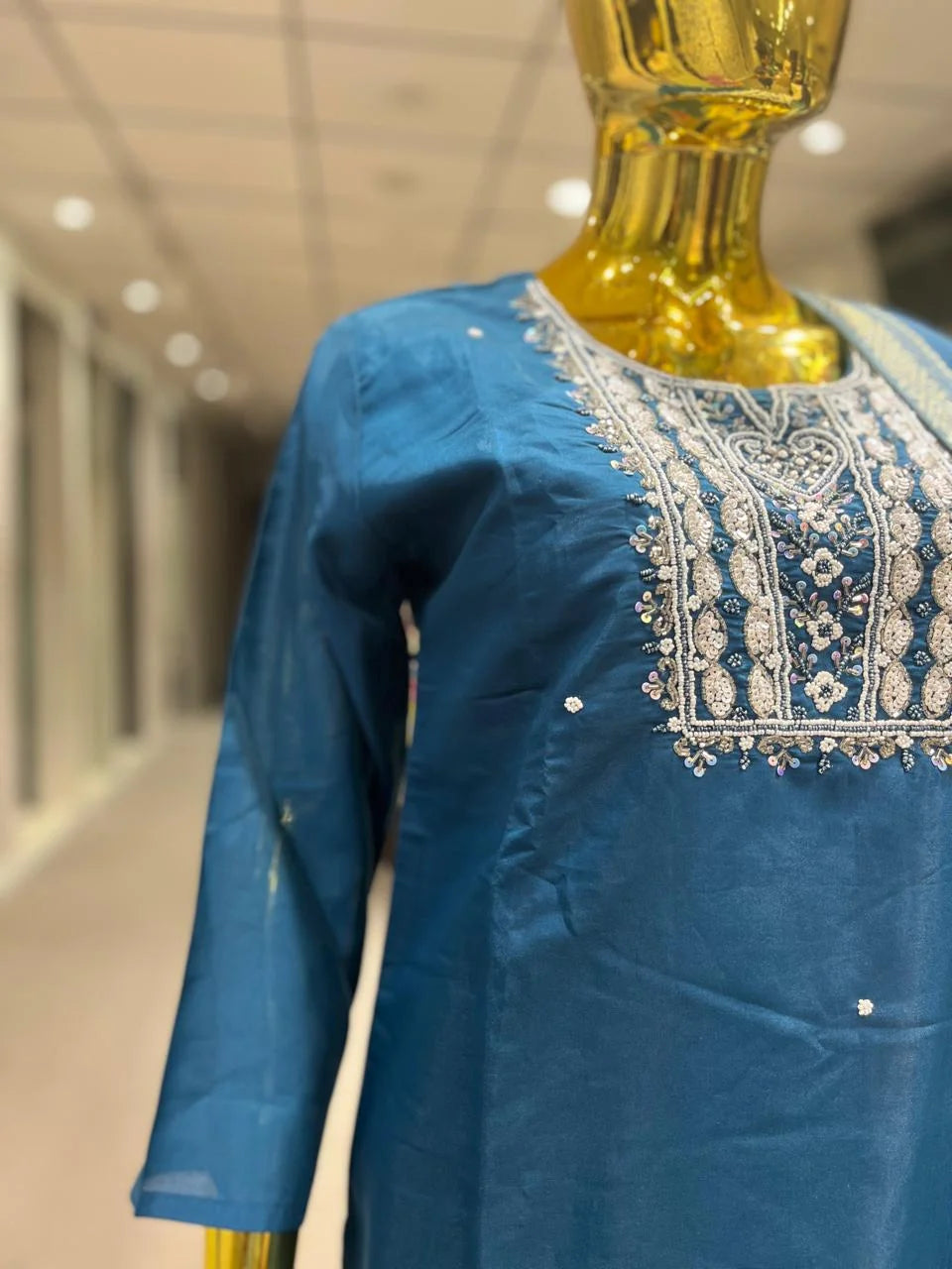 Blue Silk Handwork 3 Piece Kurti Pant Dupatta Set for Women | Designer Ethnic Wear