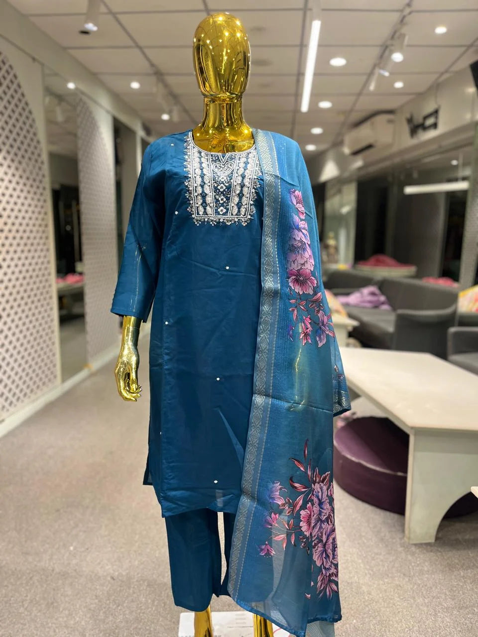 Blue Silk Handwork 3 Piece Kurti Pant Dupatta Set for Women | Designer Ethnic Wear