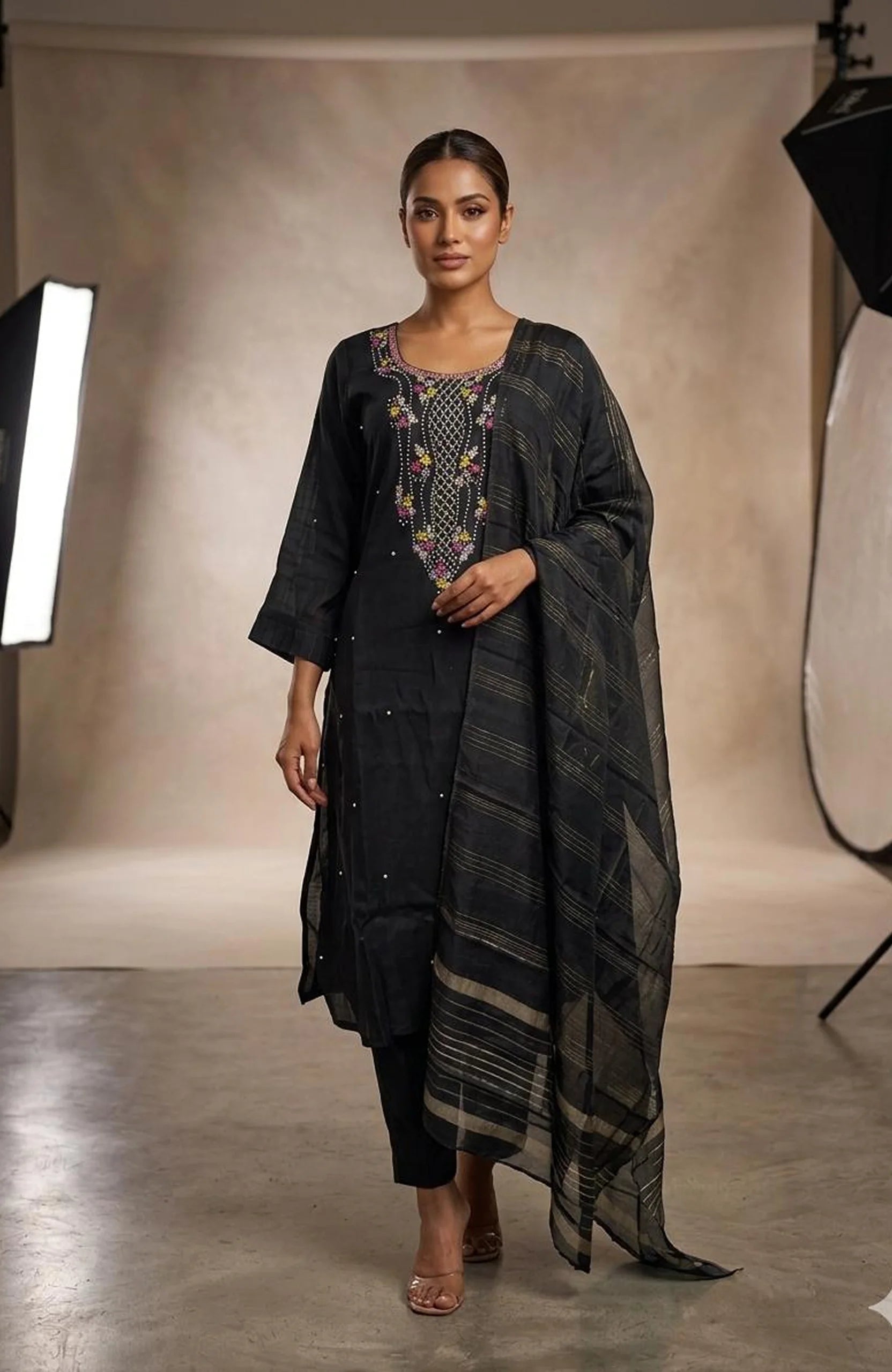 Black Imported Fabric Handwork 3 Piece Kurti Pant Dupatta Set for Women | Designer Ethnic Wear