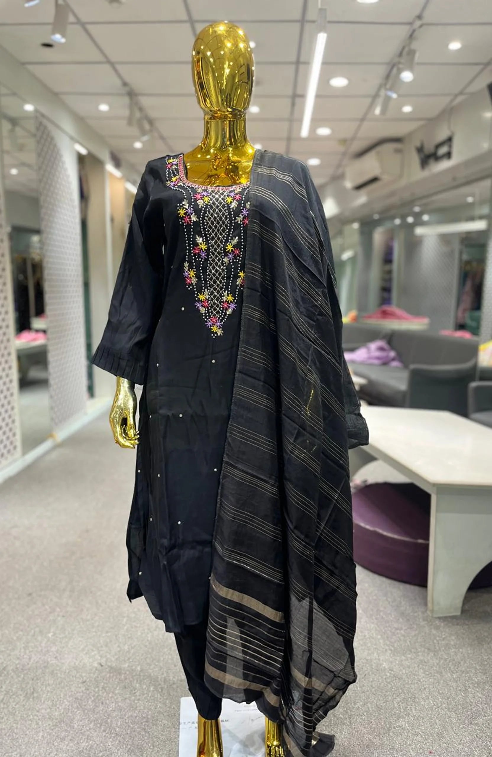 Black Imported Fabric Handwork 3 Piece Kurti Pant Dupatta Set for Women | Designer Ethnic Wear