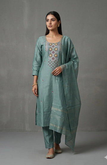 Pista Silk Cotton Handwork 3 Piece Kurti Pant Dupatta Set for Women | Elegant Ethnic Wear