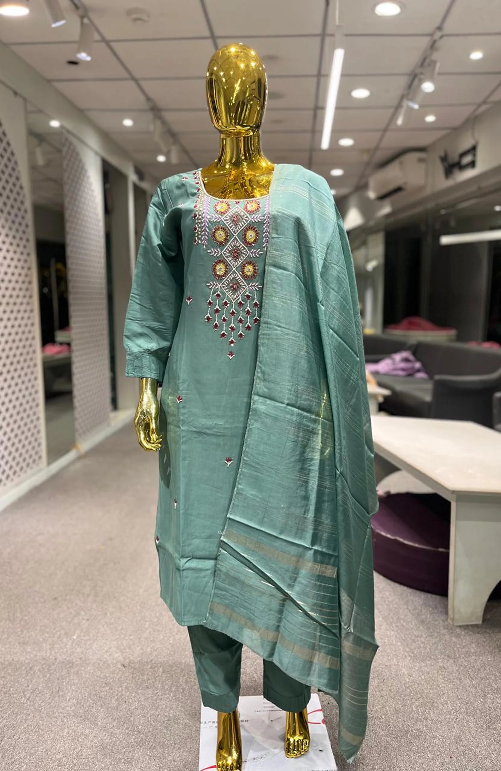 Pista Silk Cotton Handwork 3 Piece Kurti Pant Dupatta Set for Women | Elegant Ethnic Wear