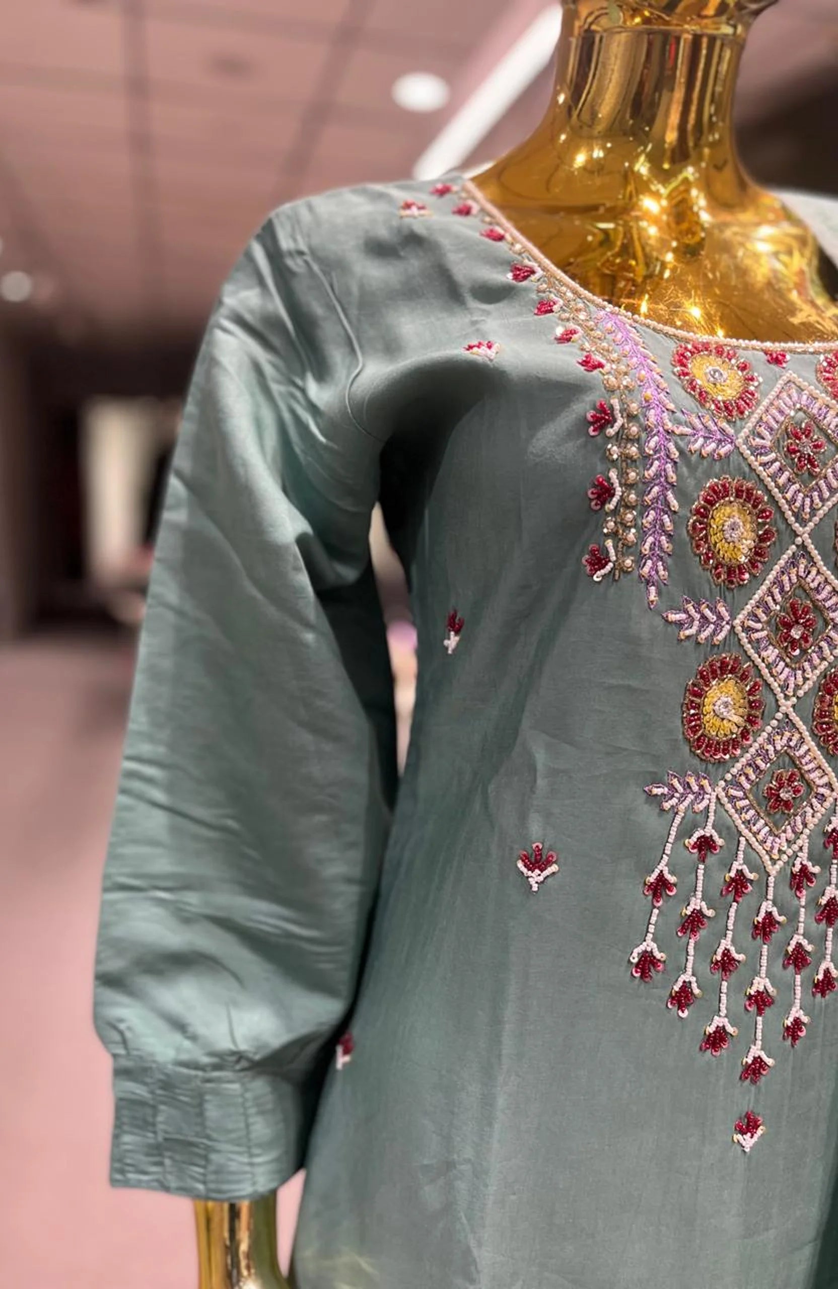 Pista Silk Cotton Handwork 3 Piece Kurti Pant Dupatta Set for Women | Elegant Ethnic Wear