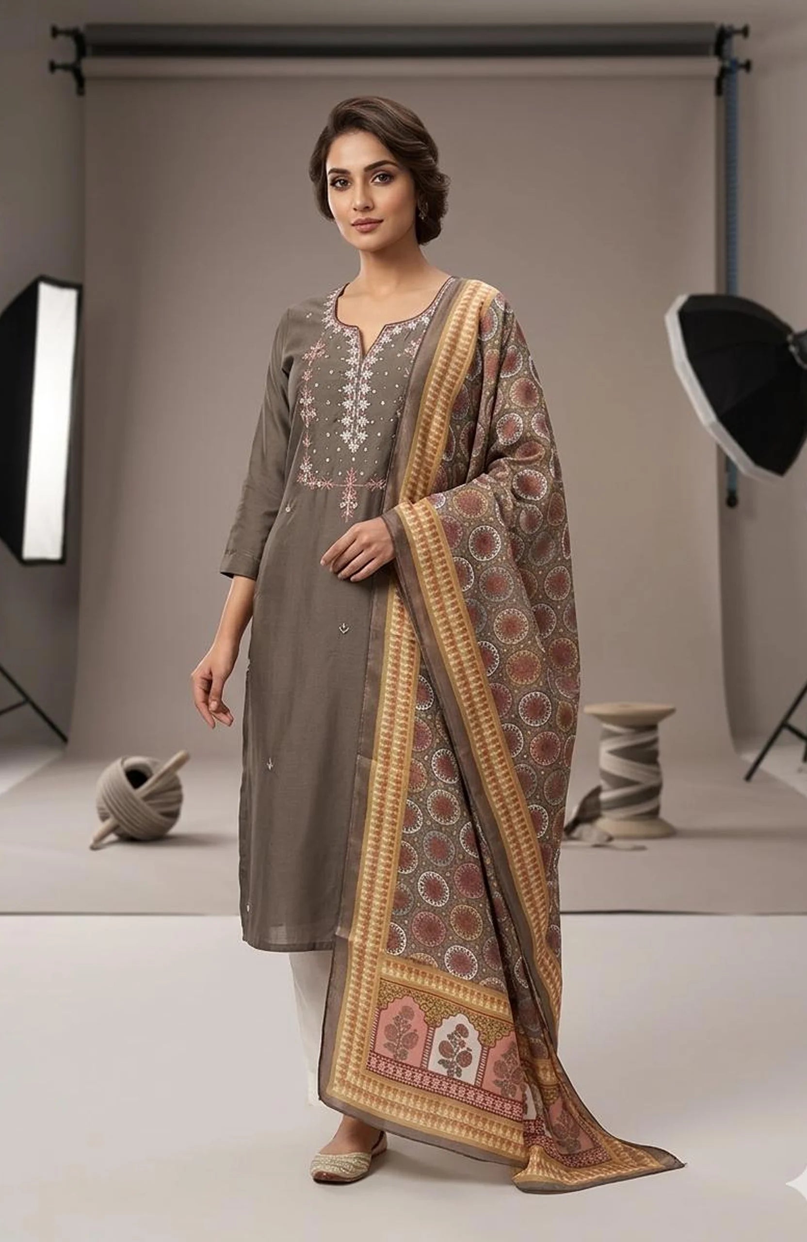 Brown Silk Cotton Handwork 3 Piece Kurti Pant Dupatta Set for Women | Designer Ethnic Wear