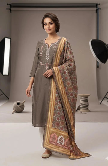 Brown Silk Cotton Handwork 3 Piece Kurti Pant Dupatta Set for Women | Designer Ethnic Wear