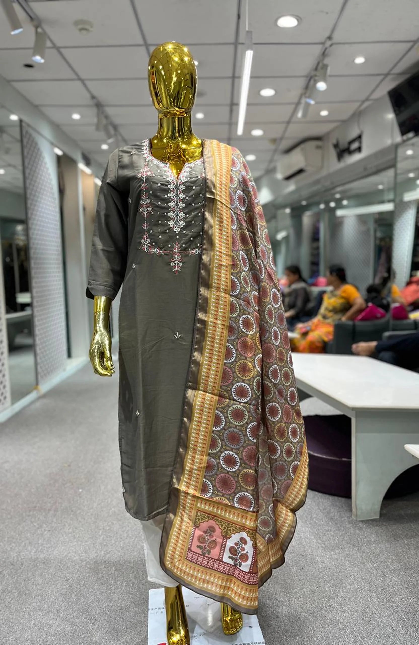 Brown Silk Cotton Handwork 3 Piece Kurti Pant Dupatta Set for Women | Designer Ethnic Wear