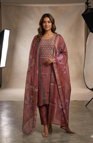 Rust Pure Silk Handwork 3 Piece Kurti Pant Dupatta Set for Women | Designer Ethnic Wear