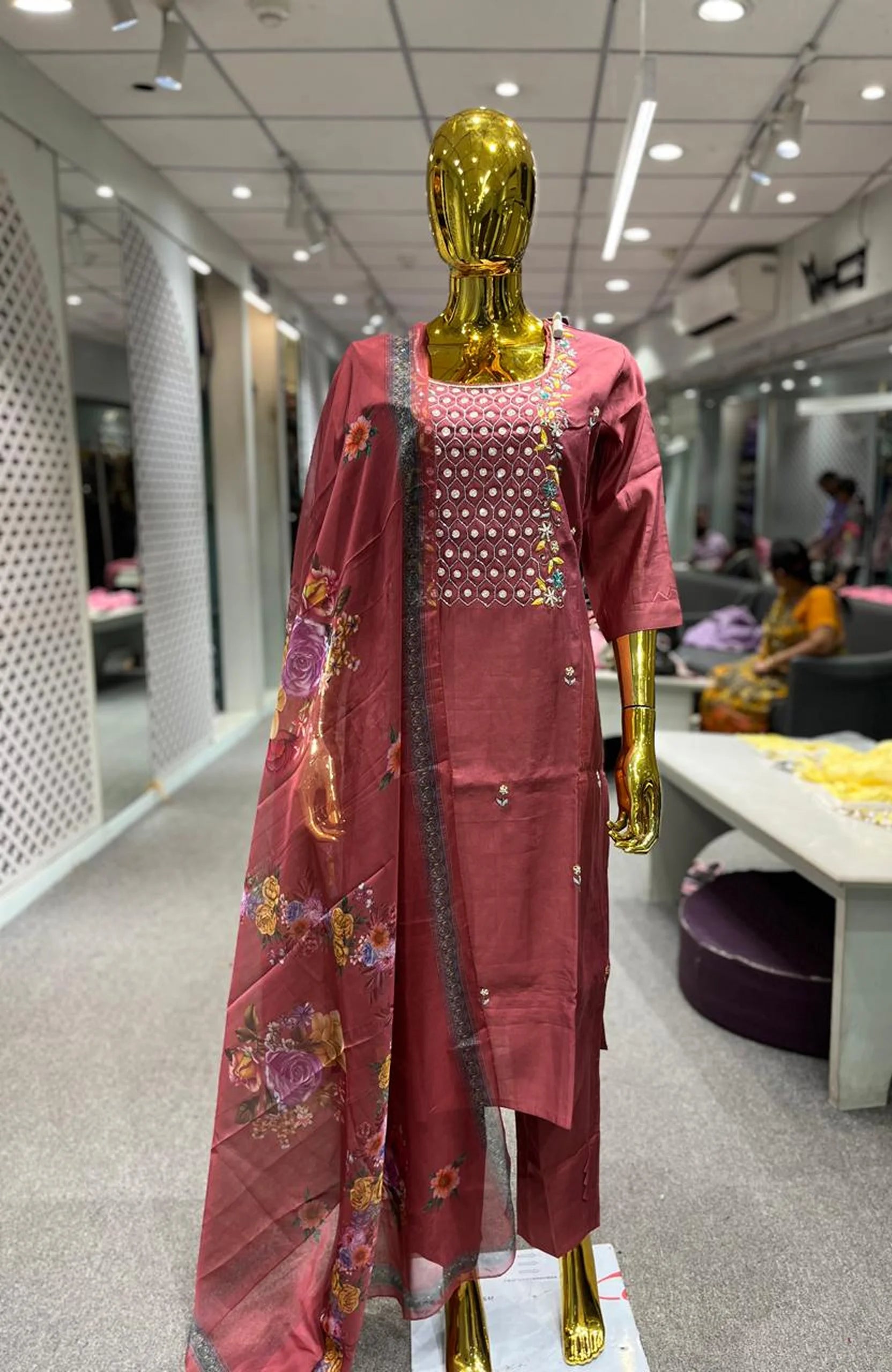 Rust Pure Silk Handwork 3 Piece Kurti Pant Dupatta Set for Women | Designer Ethnic Wear