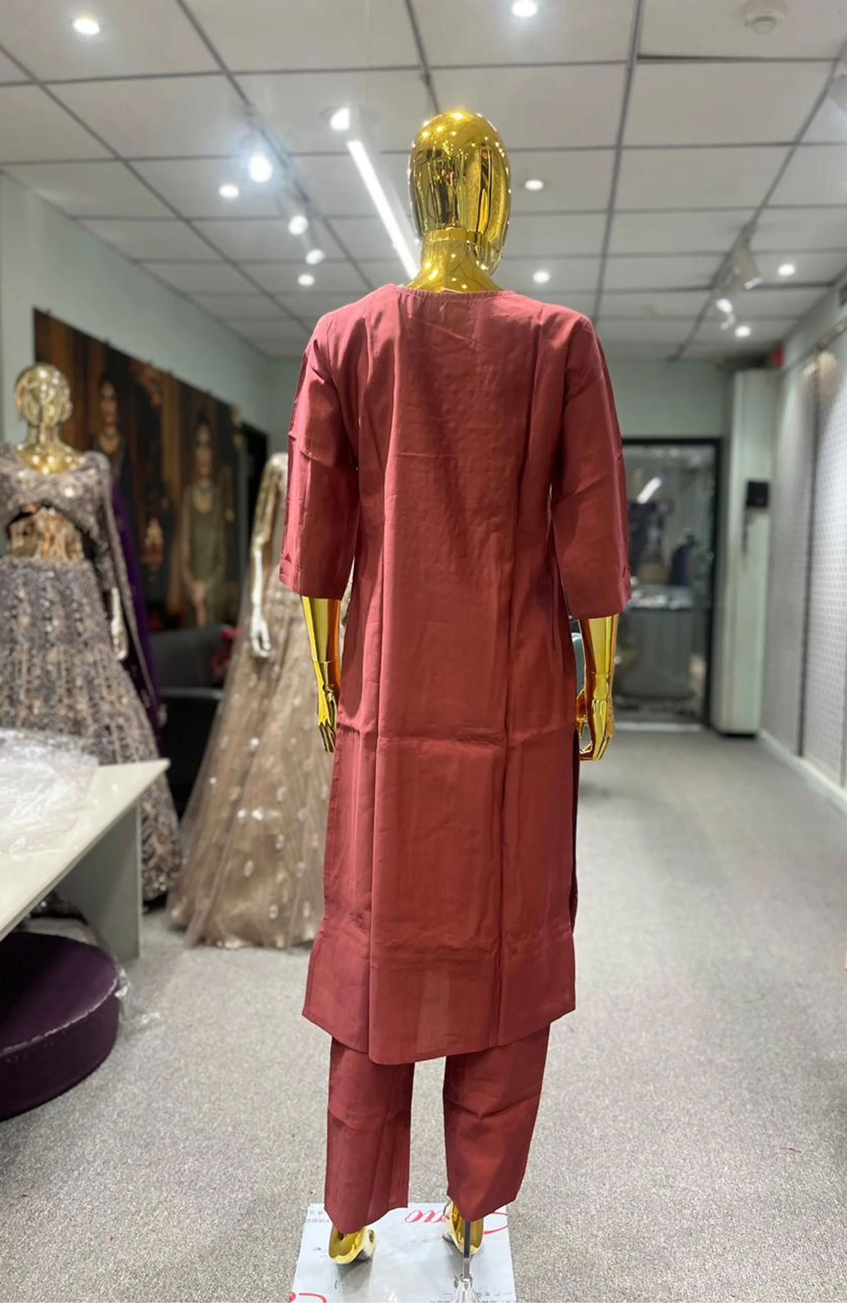 Rust Pure Silk Handwork 3 Piece Kurti Pant Dupatta Set for Women | Designer Ethnic Wear