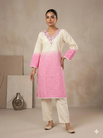 White and Pink Shaded Chikan Cotton Neck Hand Work Two Piece Co-ord Set for Women | Designer Ethnic Wear