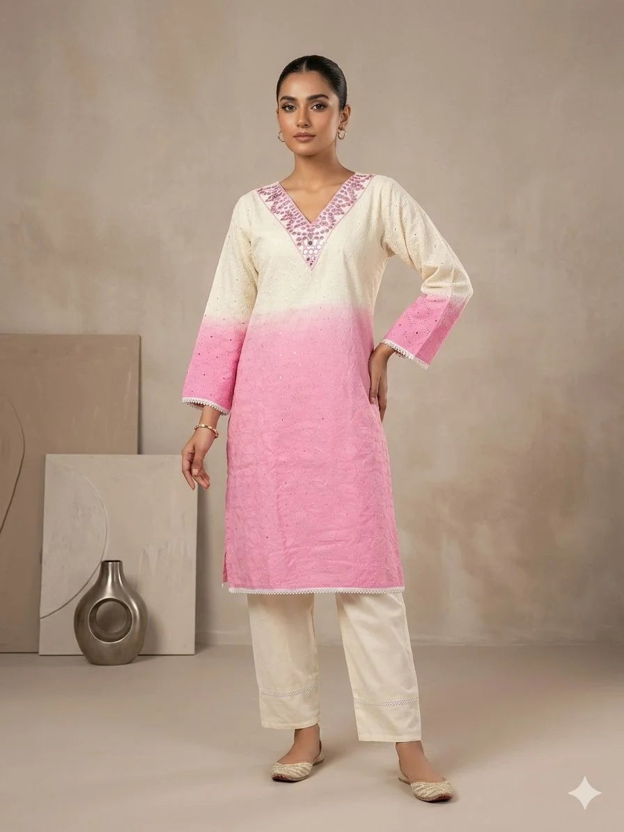 White and Pink Shaded Chikan Cotton Neck Hand Work Two Piece Co-ord Set for Women | Designer Ethnic Wear