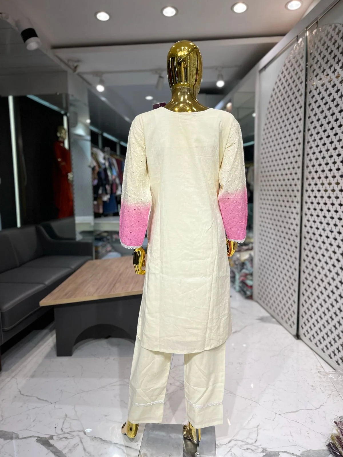 White and Pink Shaded Chikan Cotton Neck Hand Work Two Piece Co-ord Set for Women | Designer Ethnic Wear