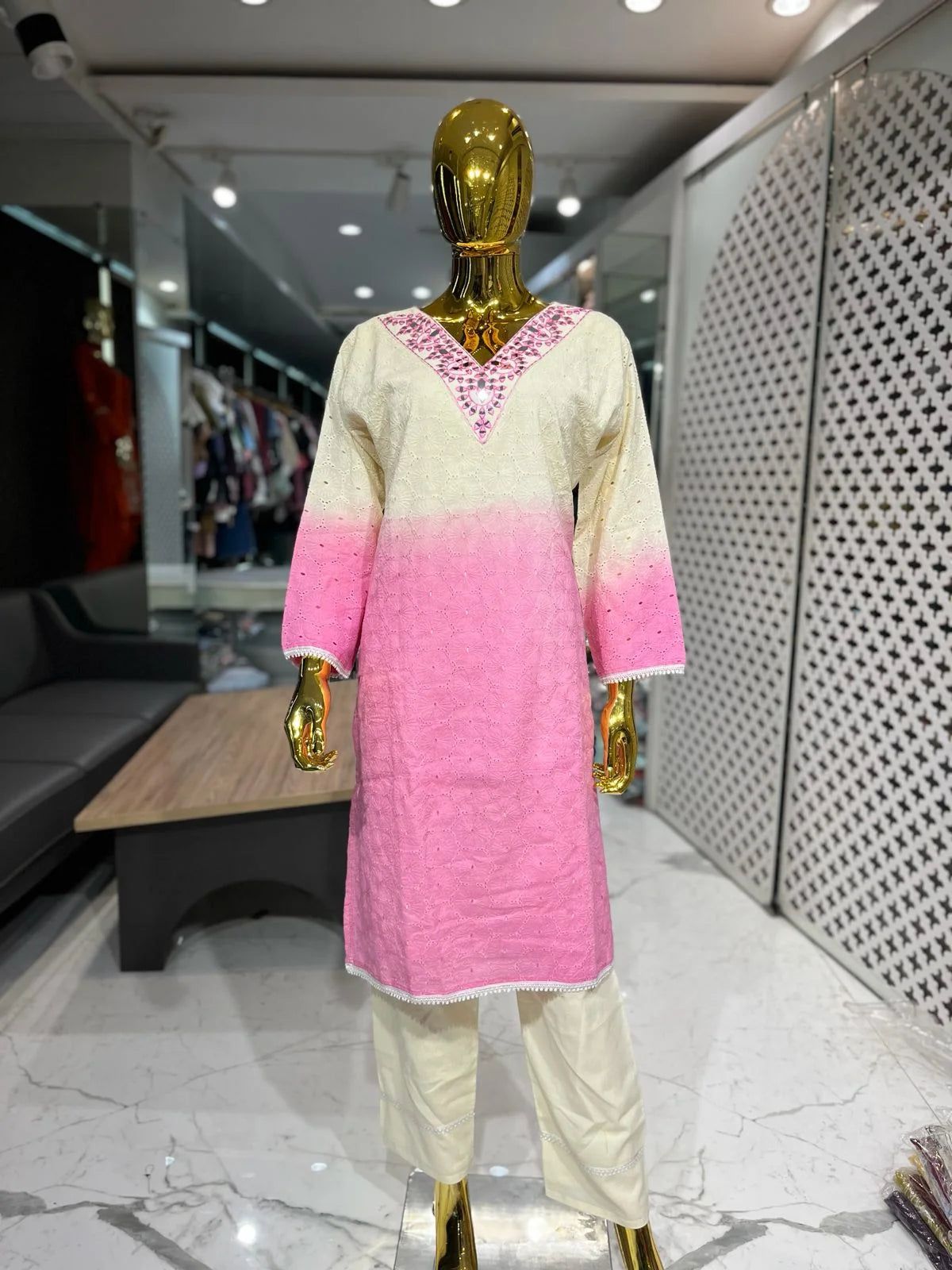 White and Pink Shaded Chikan Cotton Neck Hand Work Two Piece Co-ord Set for Women | Designer Ethnic Wear