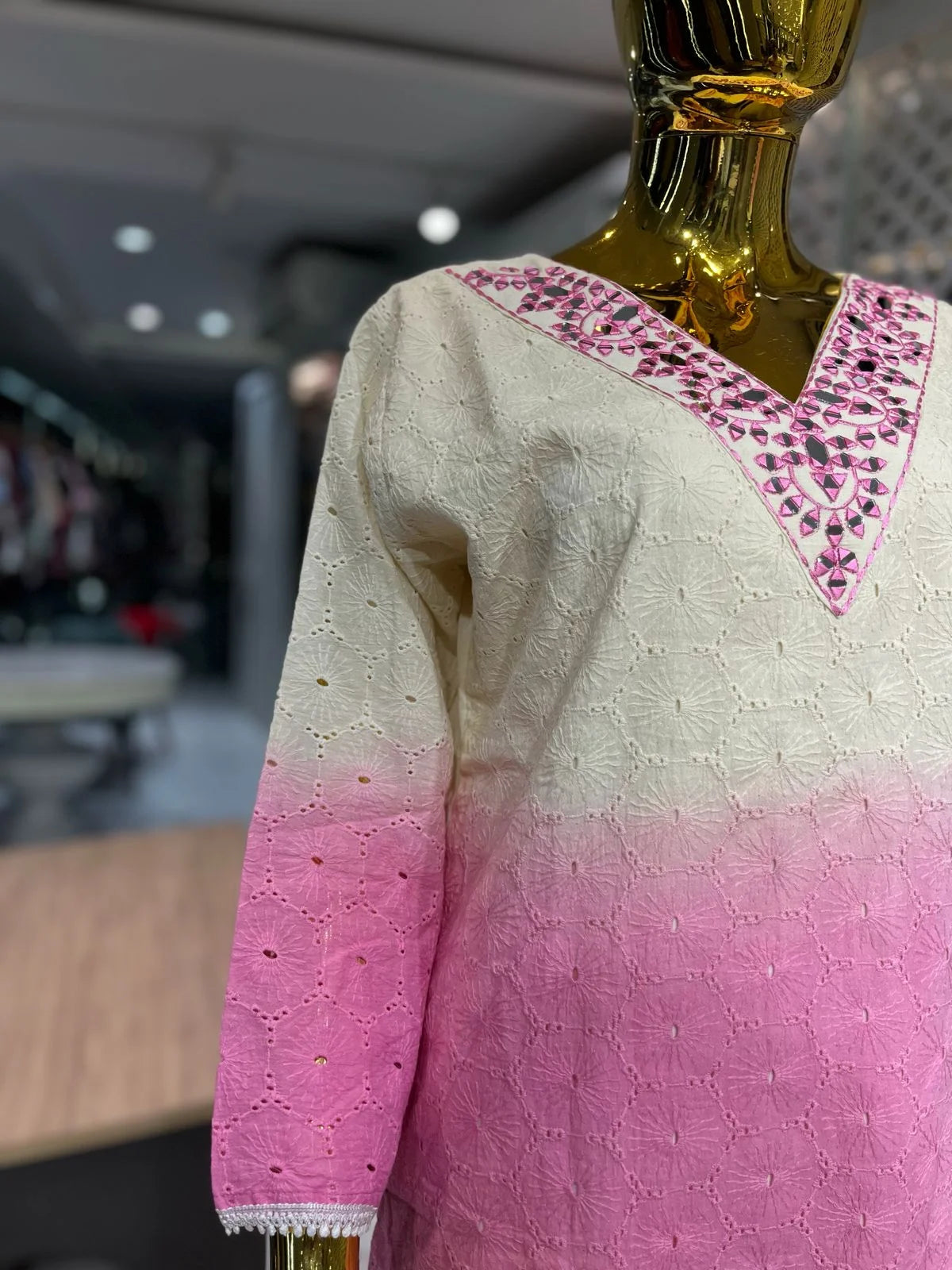White and Pink Shaded Chikan Cotton Neck Hand Work Two Piece Co-ord Set for Women | Designer Ethnic Wear