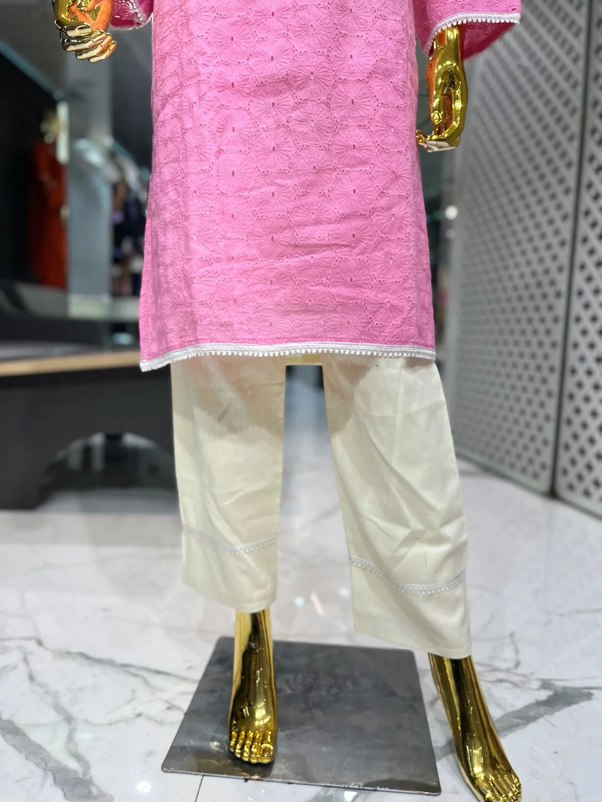 White and Pink Shaded Chikan Cotton Neck Hand Work Two Piece Co-ord Set for Women | Designer Ethnic Wear