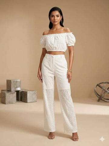 Cream Chikan Cotton Embroidery 2 Piece Cord Set for Women | Designer Co-ord Set