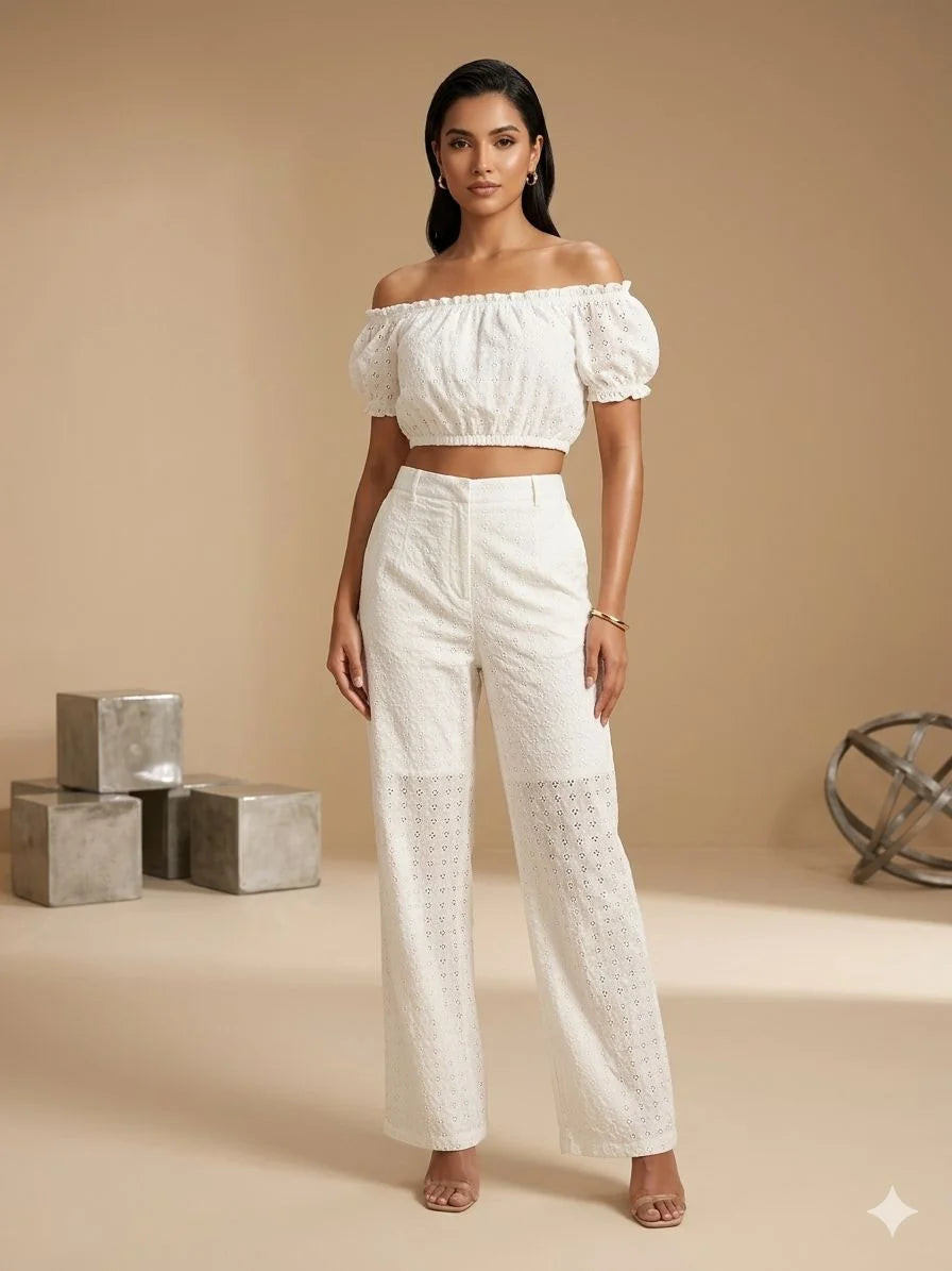 Cream Chikan Cotton Embroidery 2 Piece Cord Set for Women | Designer Co-ord Set