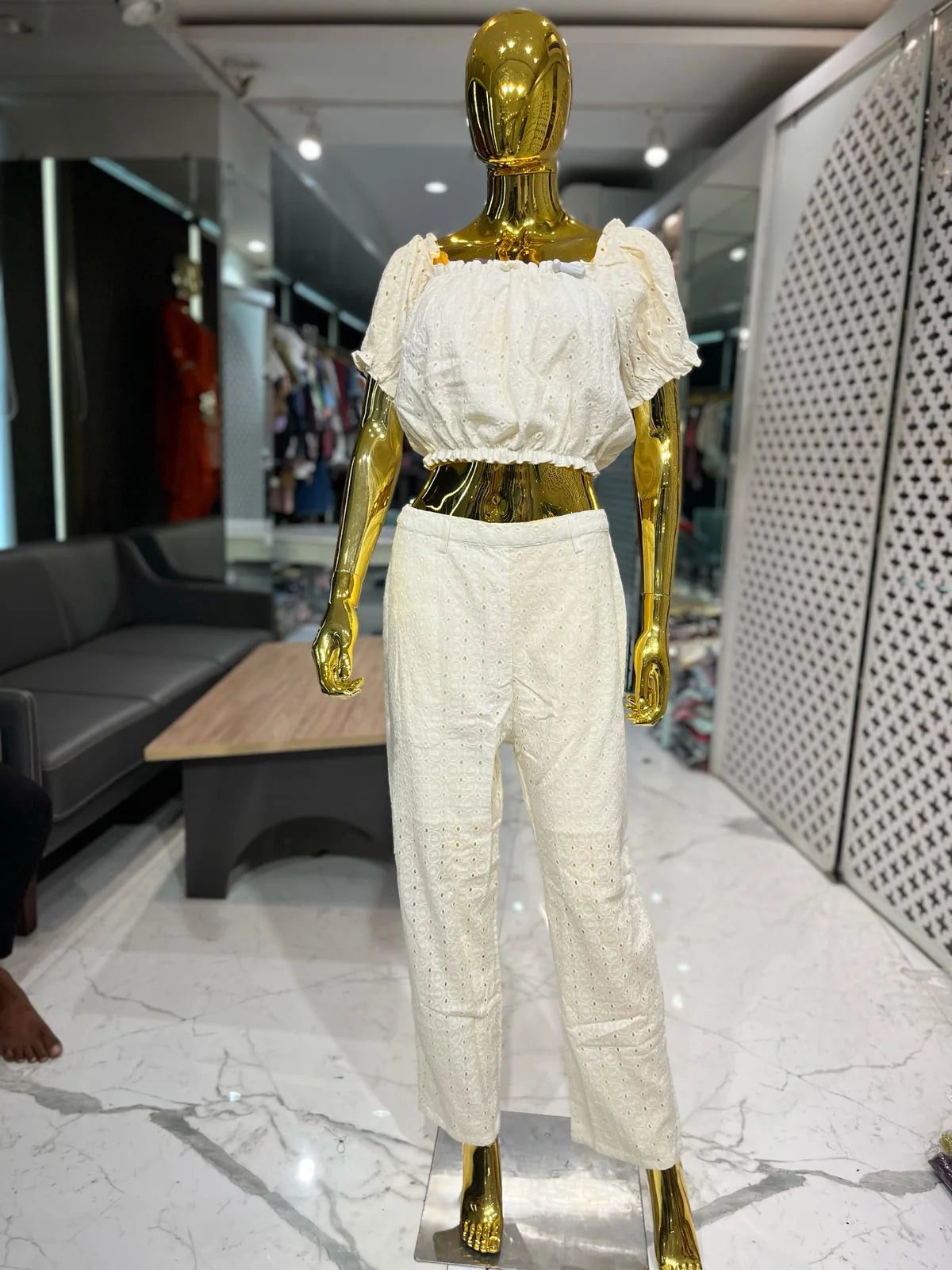 Cream Chikan Cotton Embroidery 2 Piece Cord Set for Women | Designer Co-ord Set