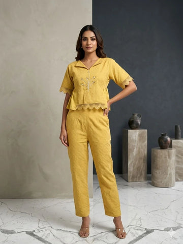 Yellow Chikan Cotton Handwork 2 Piece Cord Set for Women | Designer Co-ord Set
