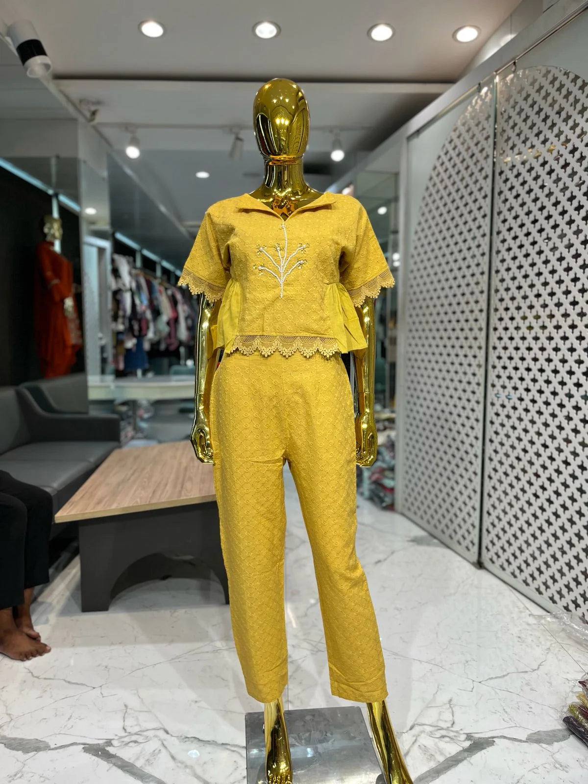 Yellow Chikan Cotton Handwork 2 Piece Cord Set for Women | Designer Co-ord Set