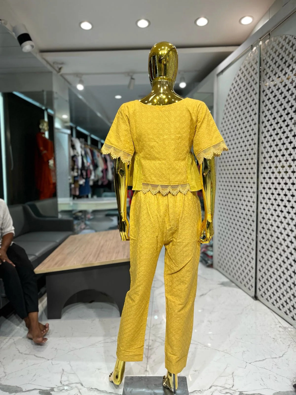 Yellow Chikan Cotton Handwork 2 Piece Cord Set for Women | Designer Co-ord Set
