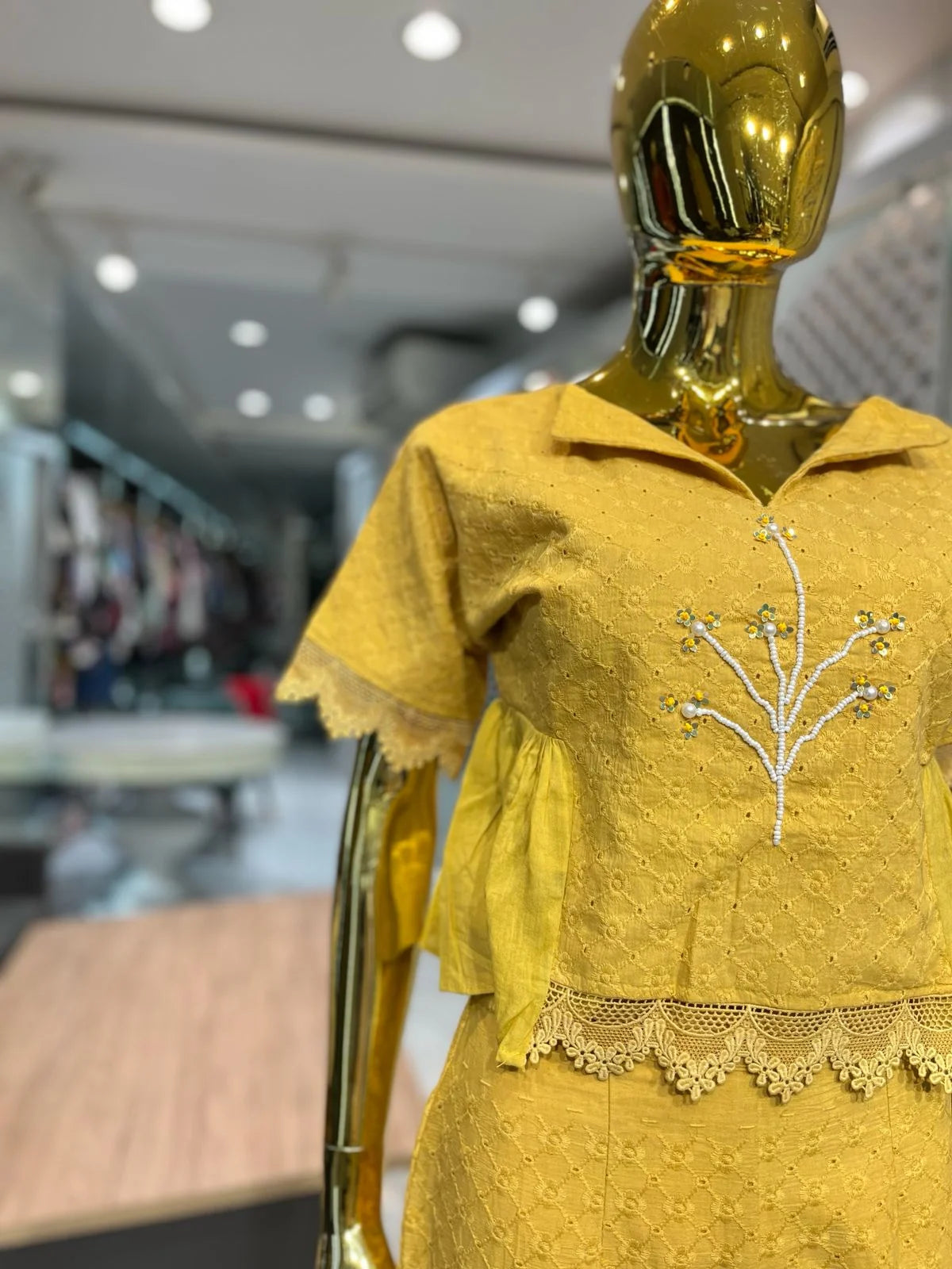 Yellow Chikan Cotton Handwork 2 Piece Cord Set for Women | Designer Co-ord Set