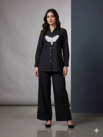 Black Cotton Butterfly Handwork 2 Piece Cord Set for Women | Designer Casual Ethnic Wear