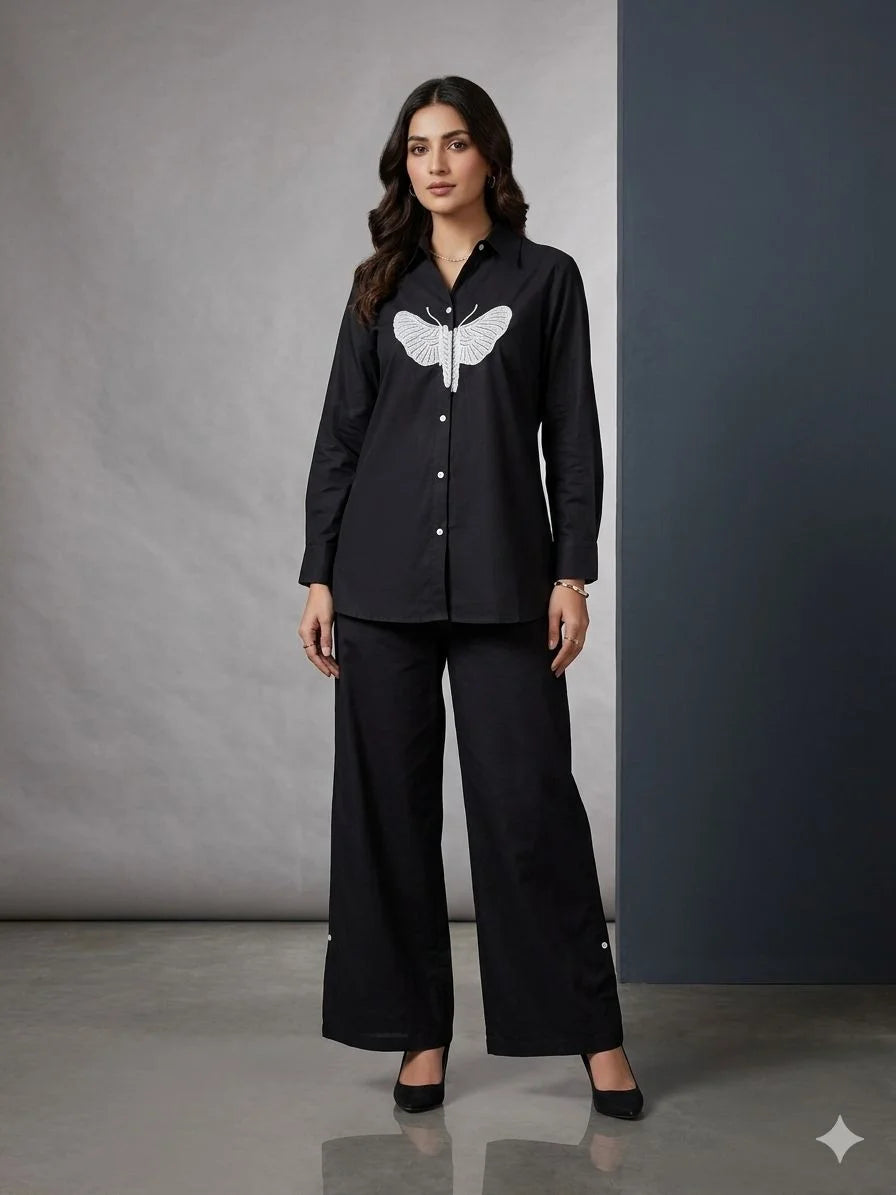 Black Cotton Butterfly Handwork 2 Piece Cord Set for Women | Designer Casual Ethnic Wear
