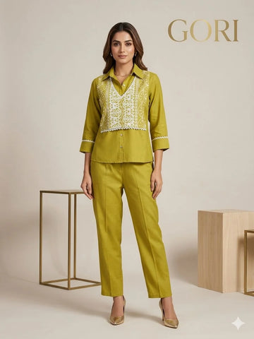 Neon Green Modal Silk Embroidery Work Two Piece Co-ord Set for Women | Designer Ethnic Wear