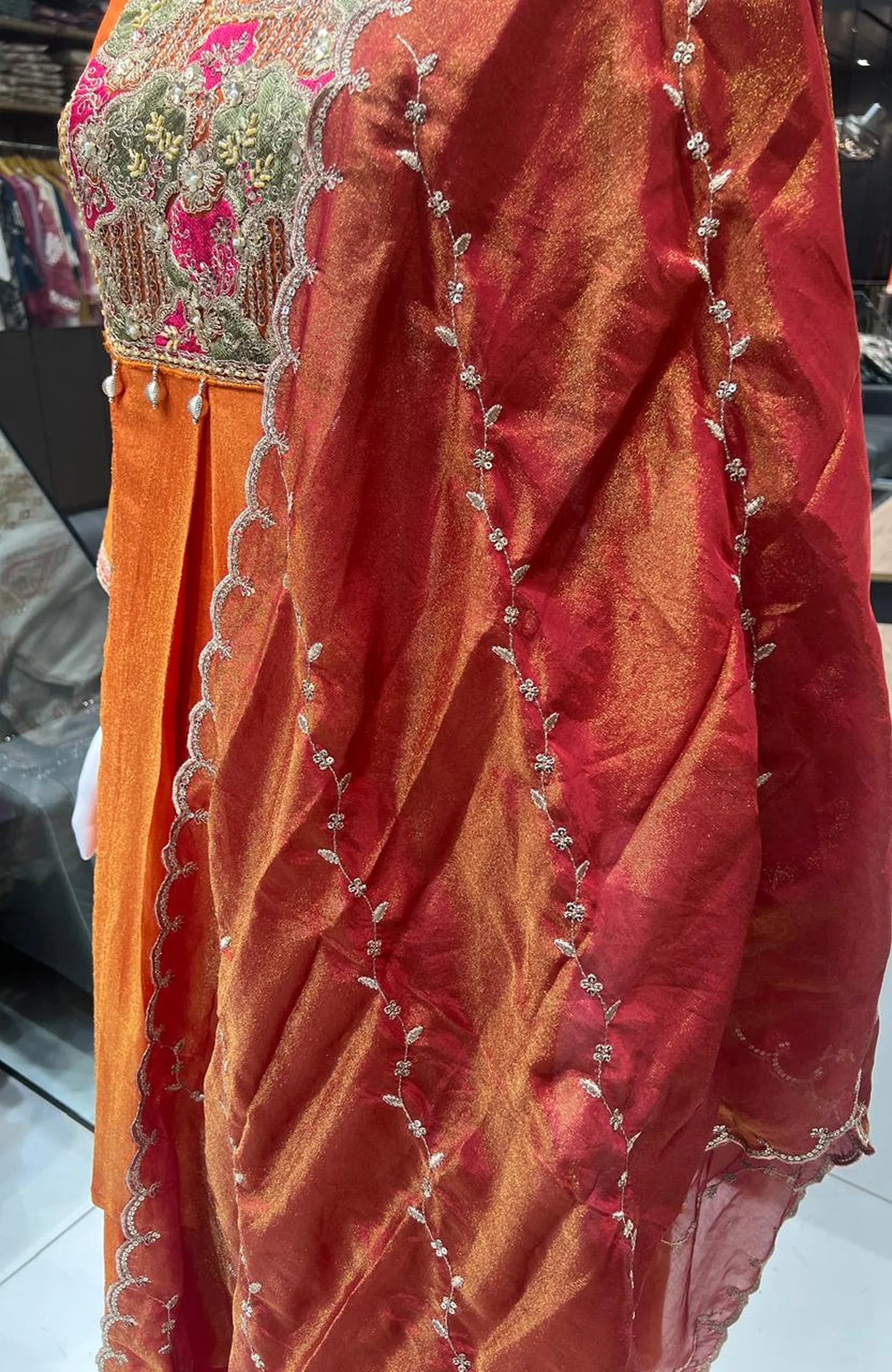 Orange Chinon Short Anarkali Suit Set for Women | Embroidered Hand Work Festive Wear
