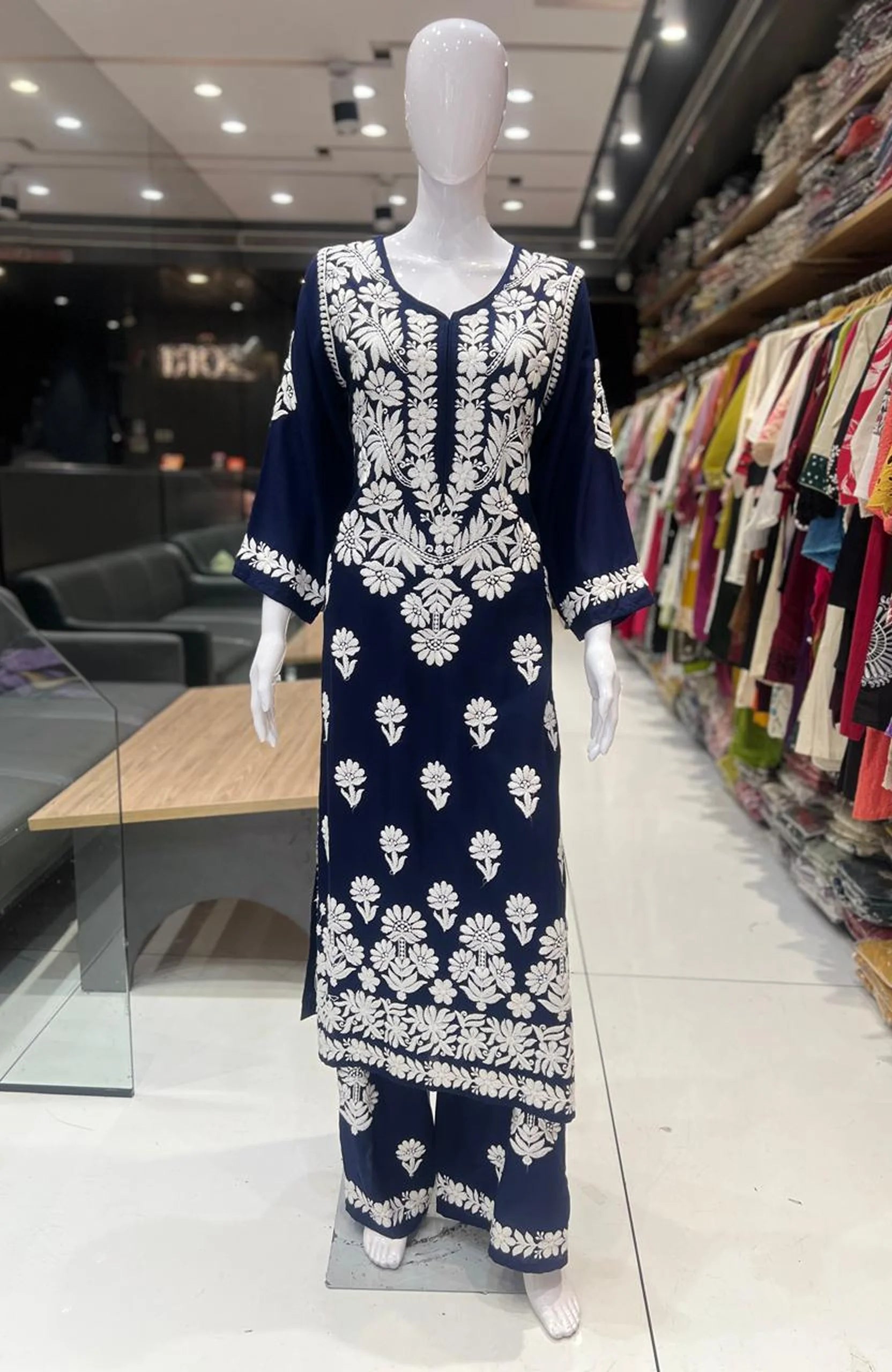 Navy Blue Rayon Lakhnavi Embroidered Kurta Palazzo Set for Women | Premium 2 Piece Ethnic Outfit