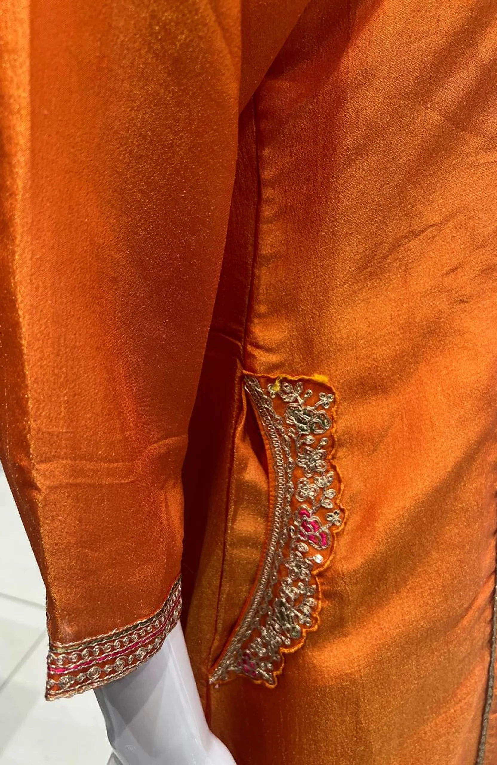 Orange Chinon Short Anarkali Suit Set for Women | Embroidered Hand Work Festive Wear