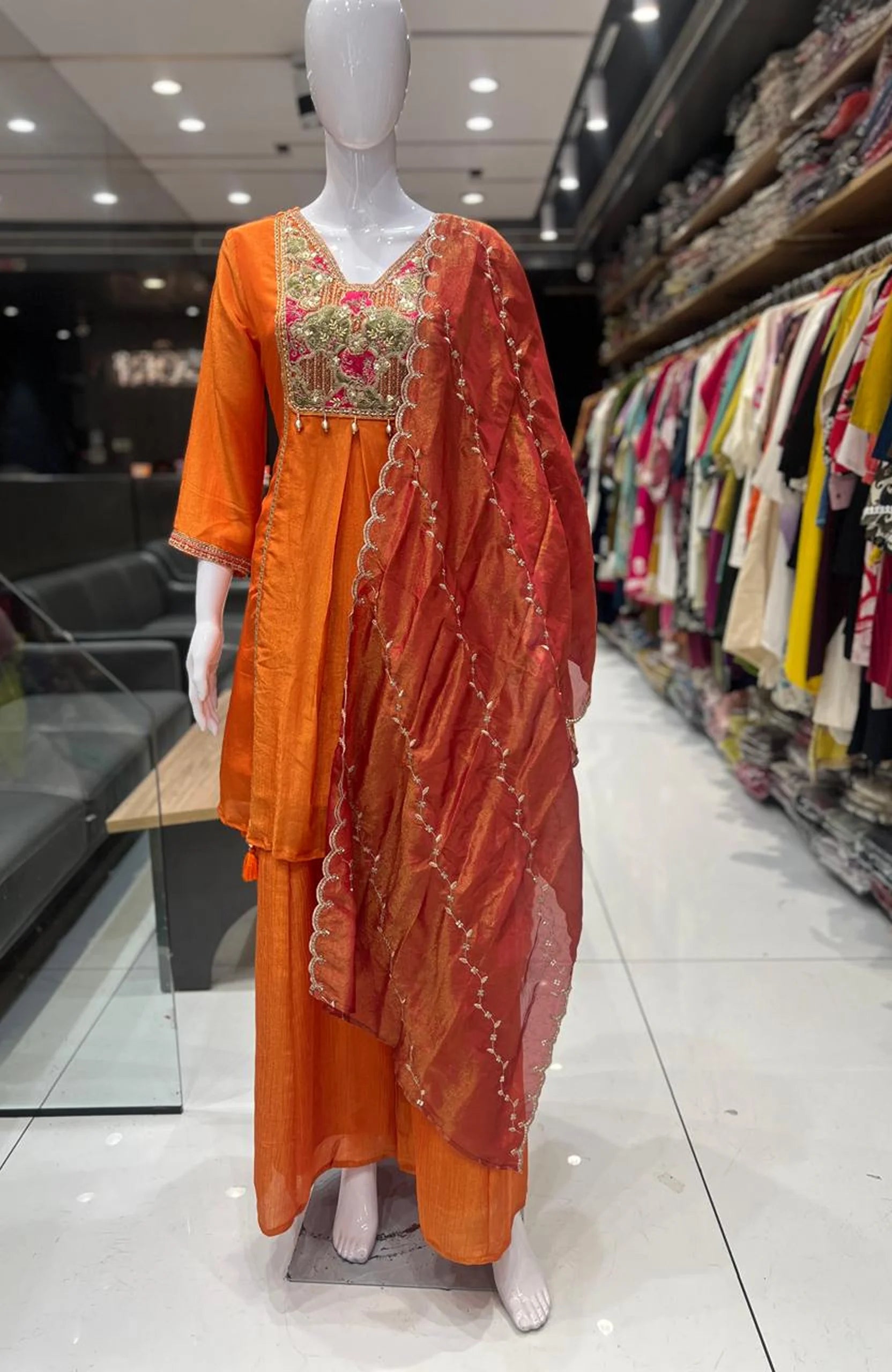 Orange Chinon Short Anarkali Suit Set for Women | Embroidered Hand Work Festive Wear