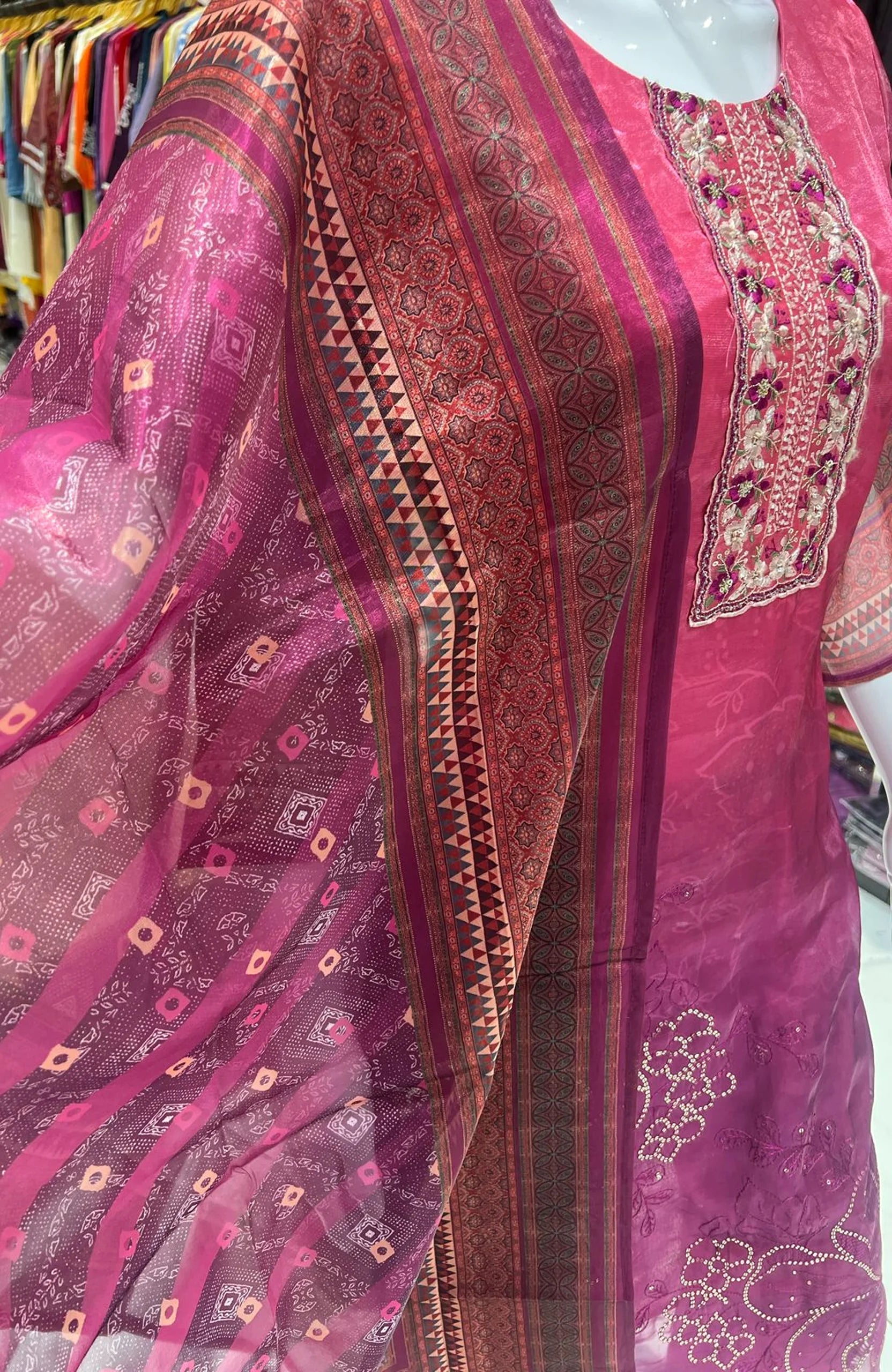 Pinkish Wine Embroidered Straight Suit Set for Women | Hand Work 3 Piece Ethnic Wear with Dupatta