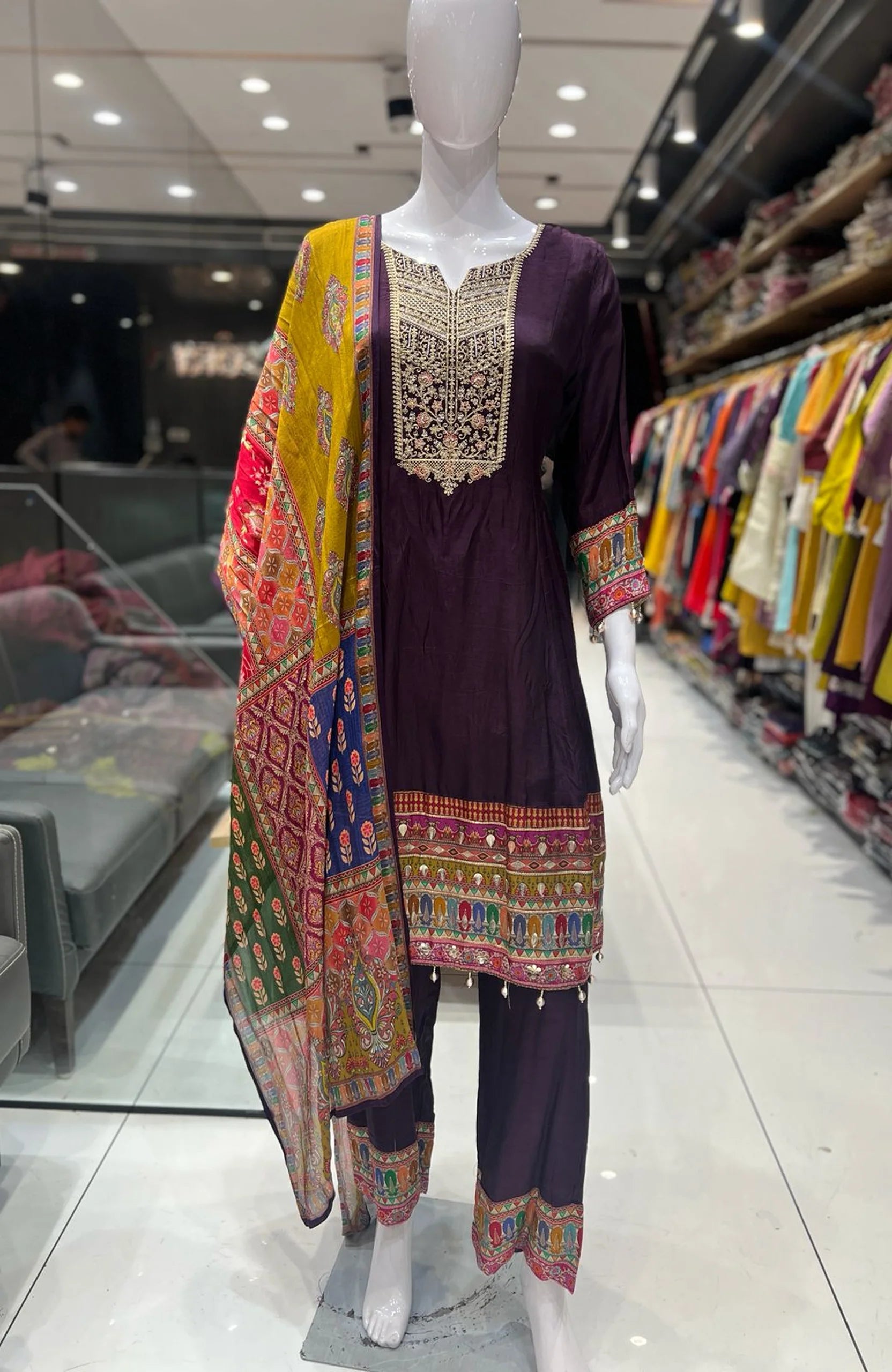Wine Dola Silk Short Anarkali Suit Set for Women | Embroidered Hand Work 3 Piece Festive Wear