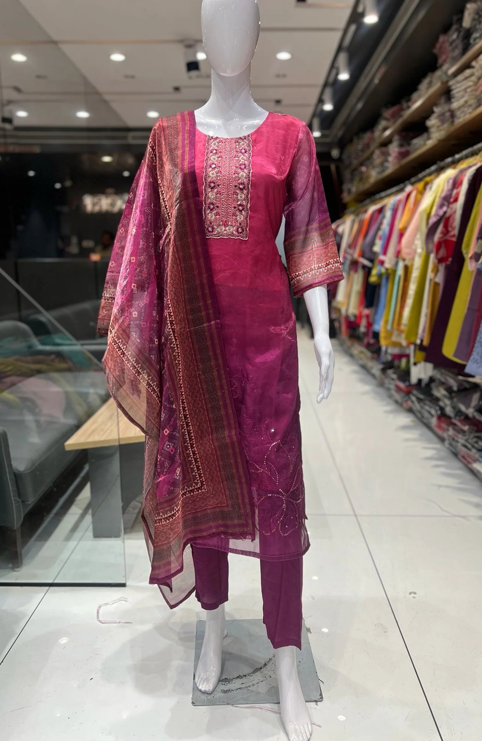 Pinkish Wine Embroidered Straight Suit Set for Women | Hand Work 3 Piece Ethnic Wear with Dupatta