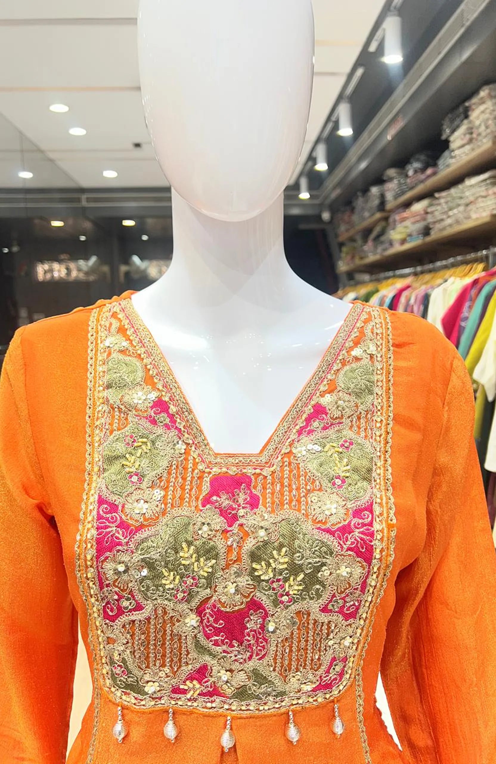 Orange Chinon Short Anarkali Suit Set for Women | Embroidered Hand Work Festive Wear