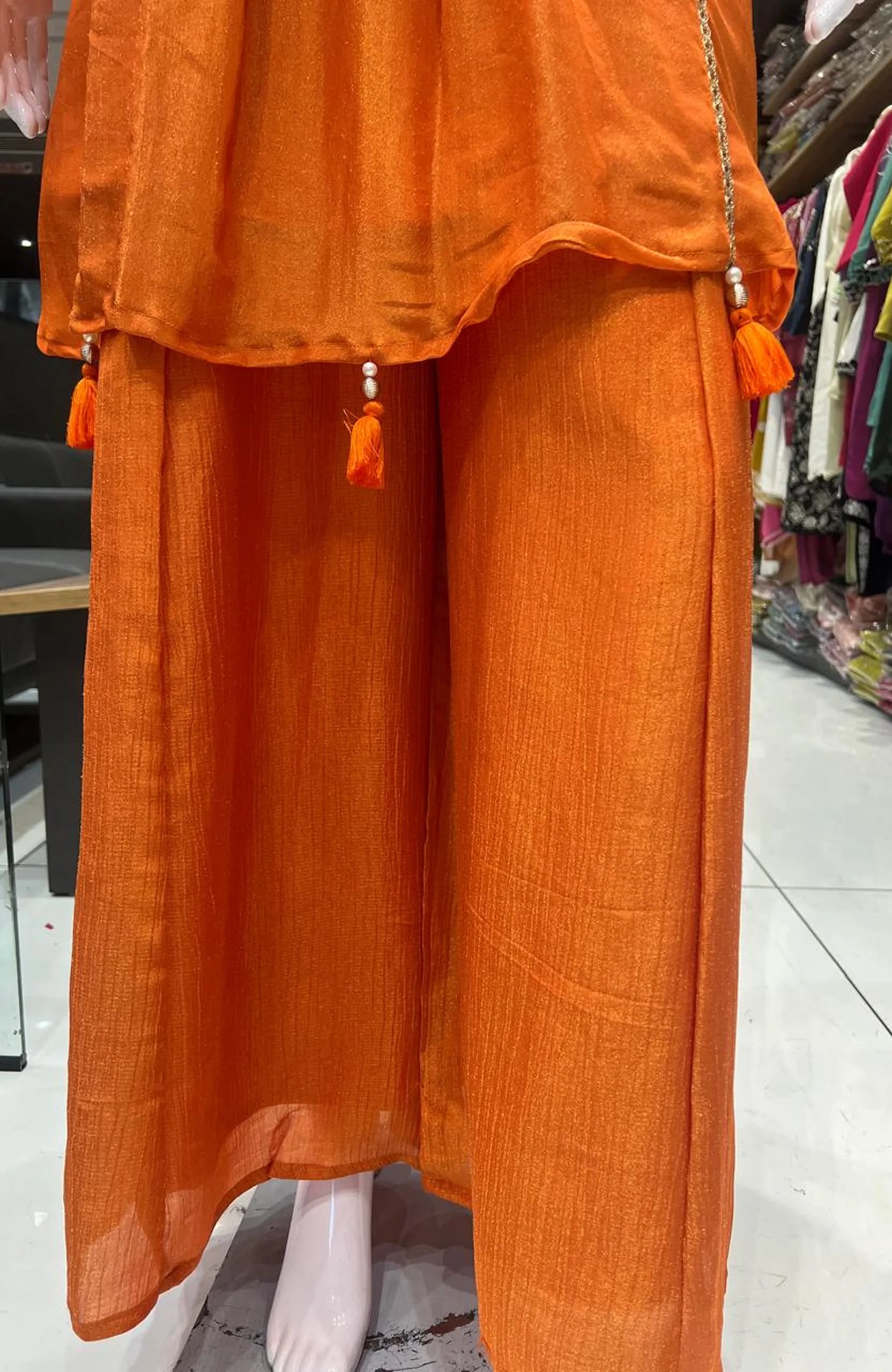 Orange Chinon Short Anarkali Suit Set for Women | Embroidered Hand Work Festive Wear