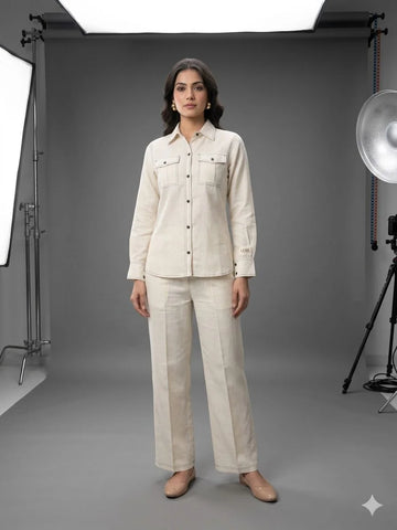 Cream Emboss Cotton Embroidery 2 Piece Cord Set for Women | Premium Designer Co-Ord Set