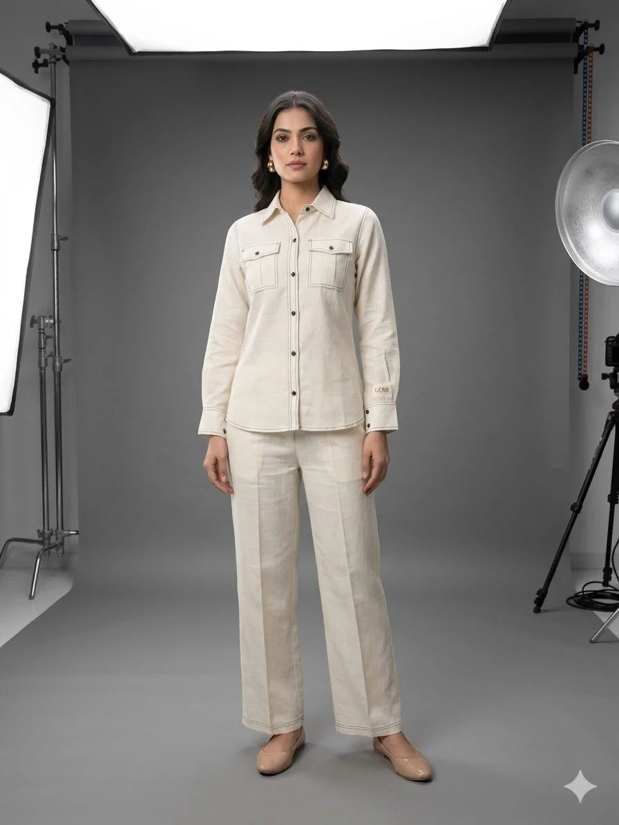 Cream Emboss Cotton Embroidery 2 Piece Cord Set for Women | Premium Designer Co-Ord Set