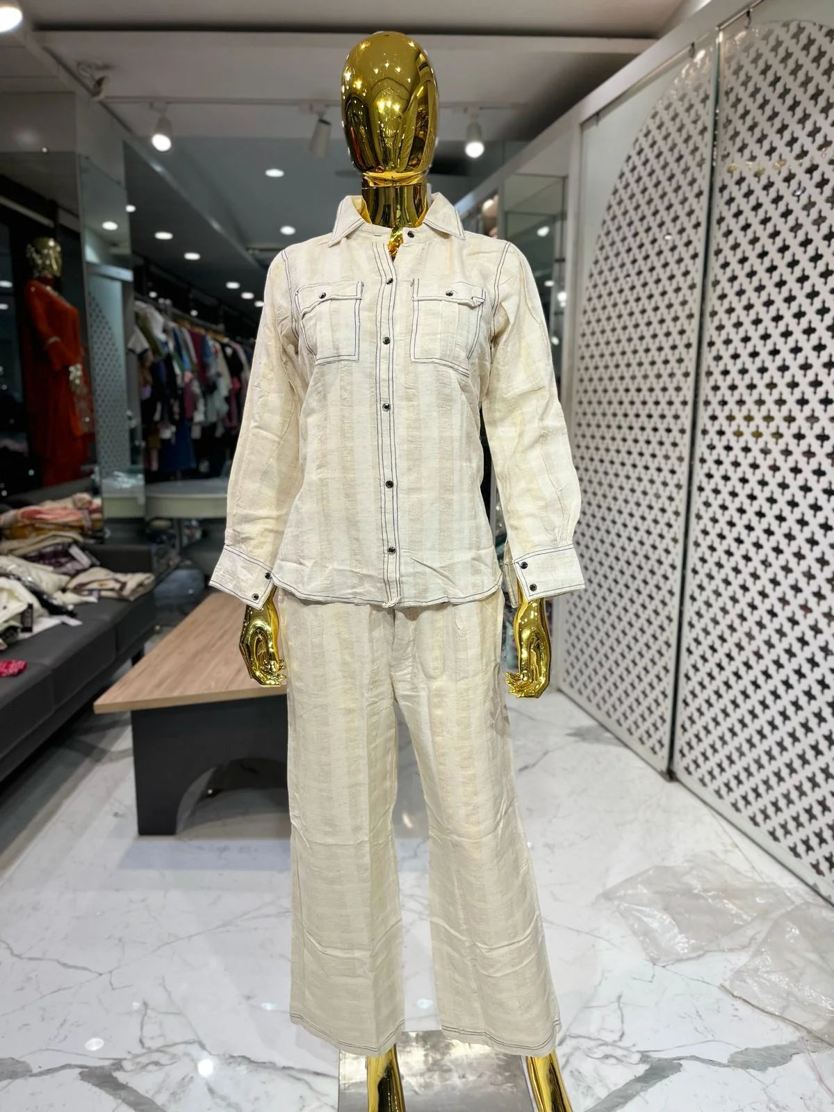 Cream Emboss Cotton Embroidery 2 Piece Cord Set for Women | Premium Designer Co-Ord Set