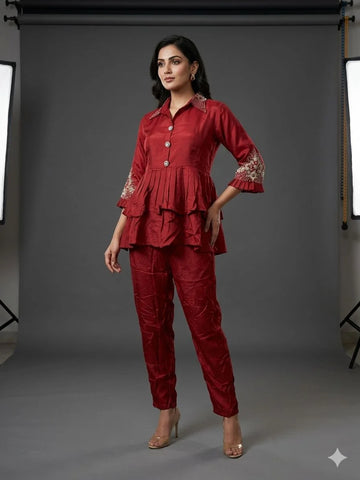 Maroon Pure Silk Handwork Two Piece Co-ord Set for Women | Designer Ethnic Wear