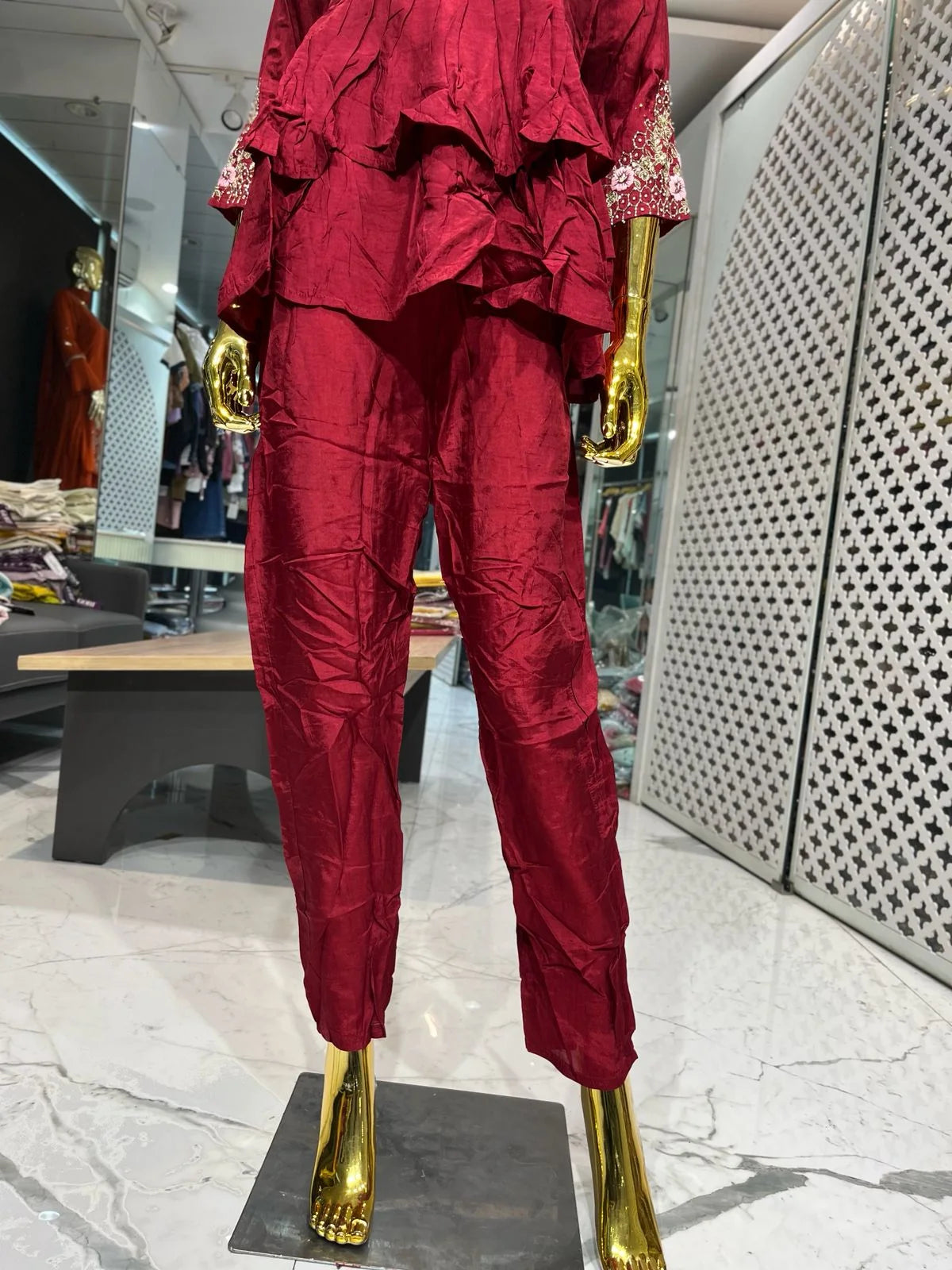 Maroon Pure Silk Handwork Two Piece Co-ord Set for Women | Designer Ethnic Wear