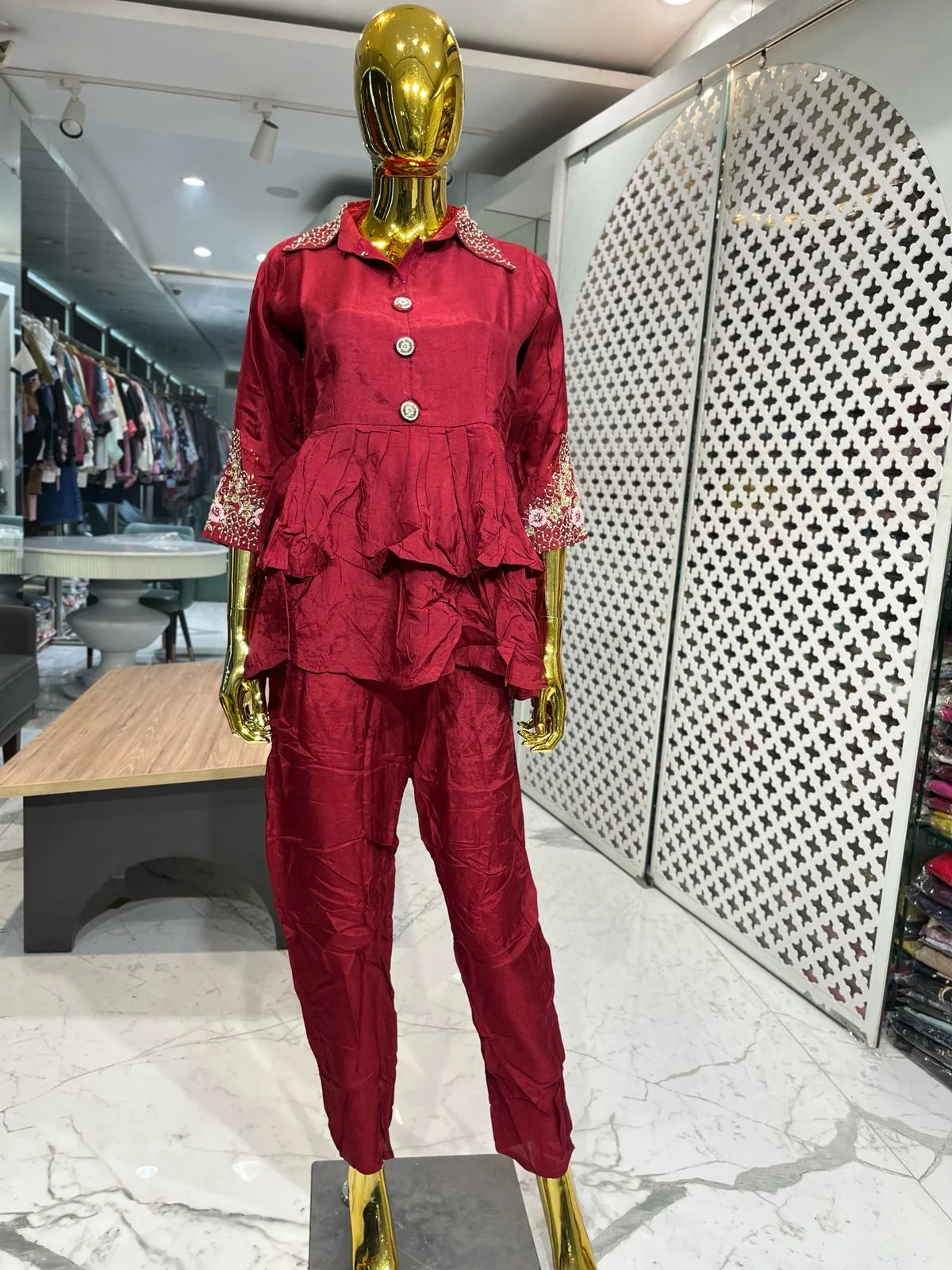 Maroon Pure Silk Handwork Two Piece Co-ord Set for Women | Designer Ethnic Wear