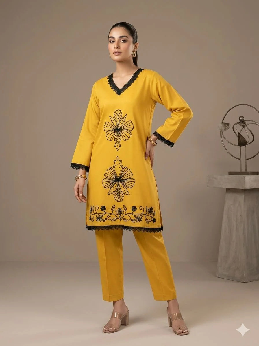 Mustard Yellow Silk Handwork 2 Piece Cord Set for Women | Designer Ethnic Co-ord Set
