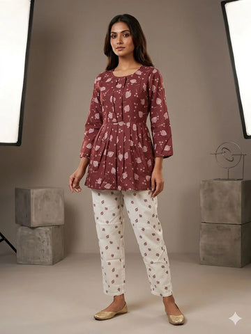 Maroon White Jute Cotton Printed 2 Piece Cord Set for Women | Designer Casual Co-Ord Set