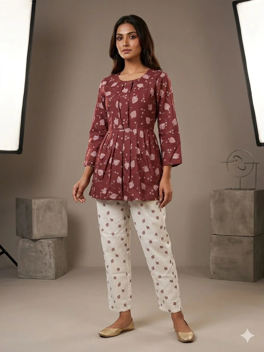 Maroon White Jute Cotton Printed 2 Piece Cord Set for Women | Designer Casual Co-Ord Set