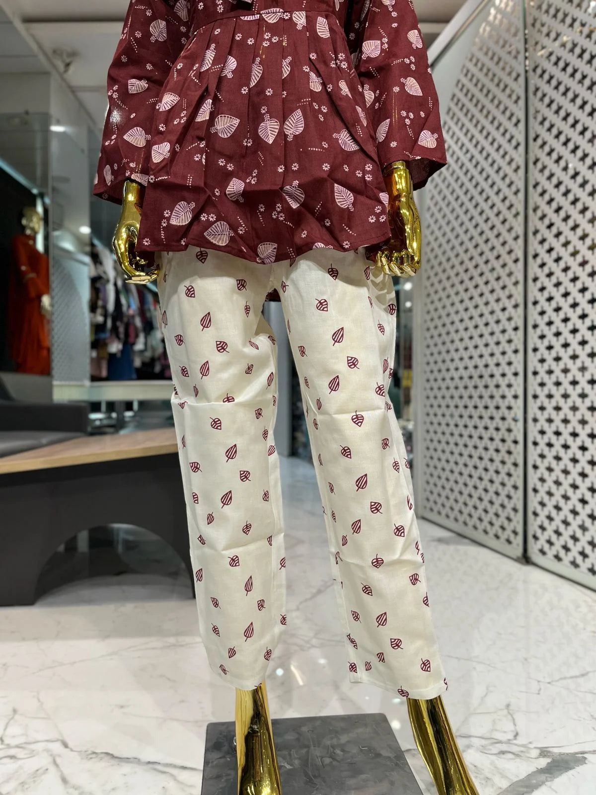 Maroon White Jute Cotton Printed 2 Piece Cord Set for Women | Designer Casual Co-Ord Set