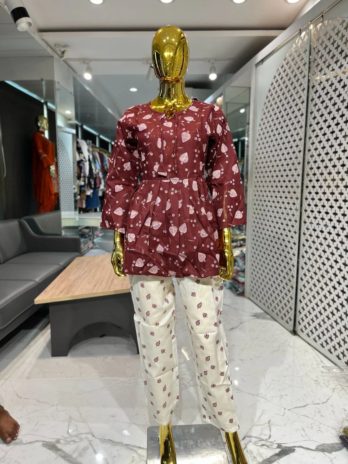 Maroon White Jute Cotton Printed 2 Piece Cord Set for Women | Designer Casual Co-Ord Set