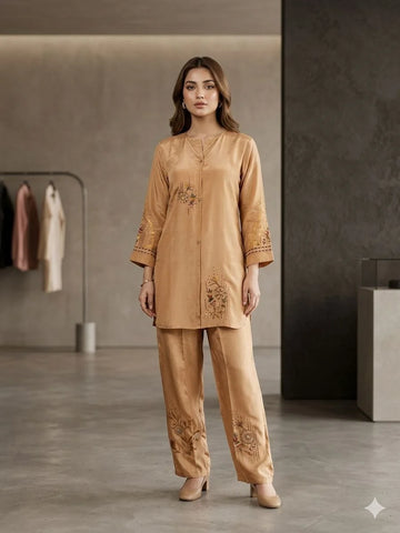 Peach Natural Crape Printed 2 Piece Cord Set for Women | Designer Ethnic Co-ord Set